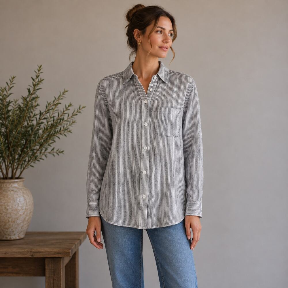 Marine Layer Gray Stripe Long Sleeve  Button Front Tencel Blend Top XS